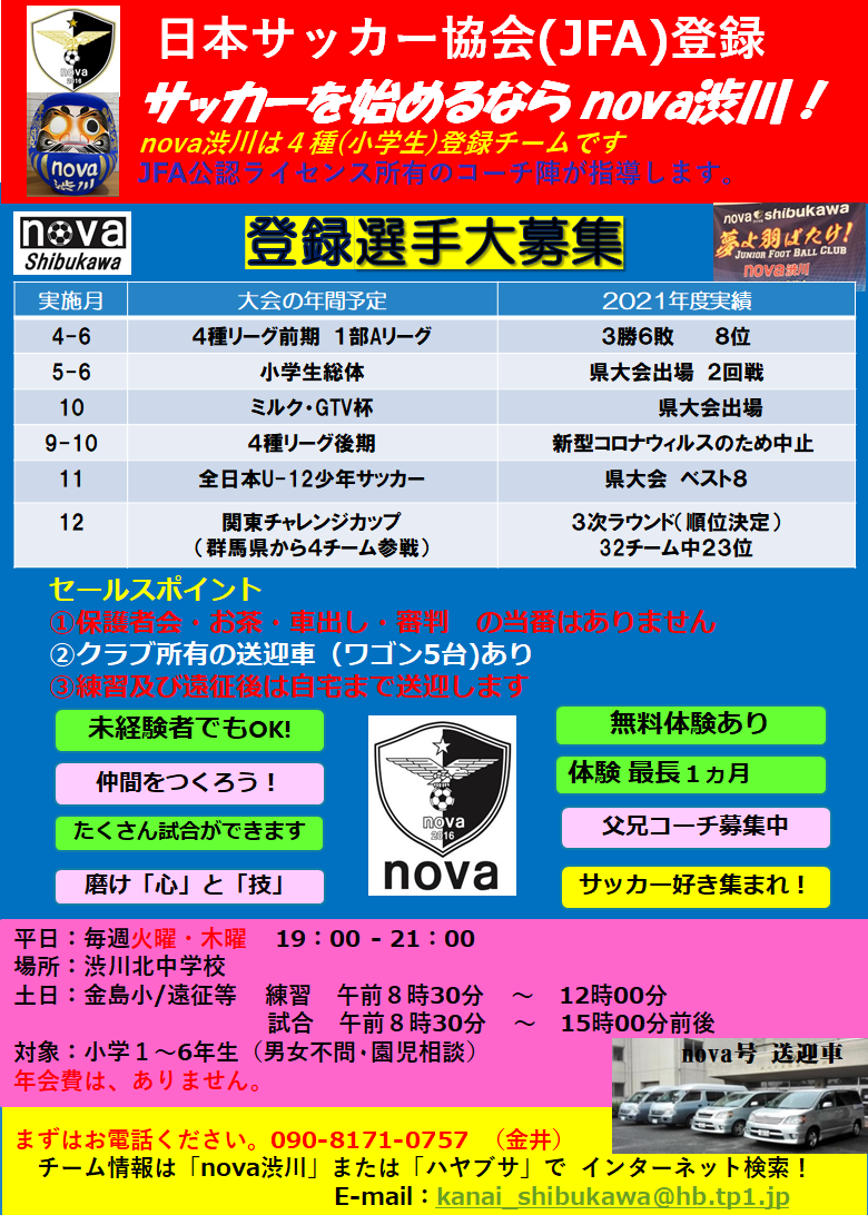 Nova渋川 22年度 1次 登録選手募集ビラ Nova渋川公式hp